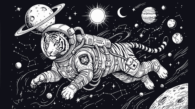 Cosmic Tiger Astronaut Floating in Starry Galaxy, Zodiac Constellations, Planets