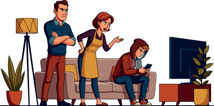 Angry parents scolding teenage boy looking at phone instead of watching television vector cartoon illustration for psychology article