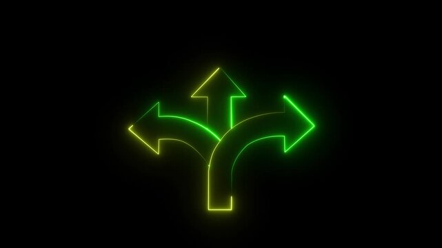 Three-way direction arrow sign animation. road direction, moving arrow three arrow direction animation. traffic way Three- Way Fork in the Road Arrow Symbol on Black Background Animation.