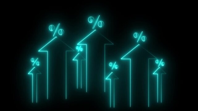 Interest rate increase concept. Businessman use a Neon arrow with percentage symbols and upward chine arrows, symbolizing rising interest rates. financial growth, dividend yield, black background.