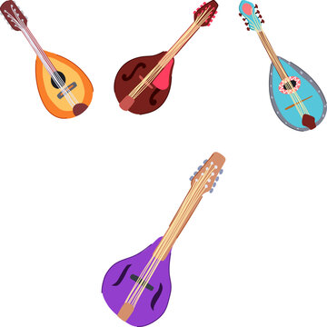 Different styles of stringed mandolins presenting a collection of musical instruments for folk, classical, and traditional music compositions, featuring a range of vibrant colors and designs