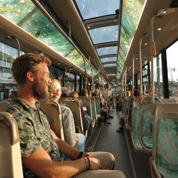 Man smiling while sitting in modern eco-friendly public transport bus interior with large windows