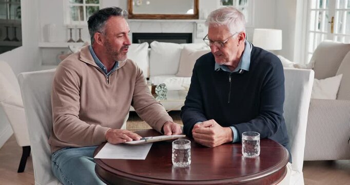 Agent, man or meeting with clipboard in home for housing options, mortgage equity or explain form. Realtor, mature people or disclosure paperwork for retirement planning, estate agreement or feedback