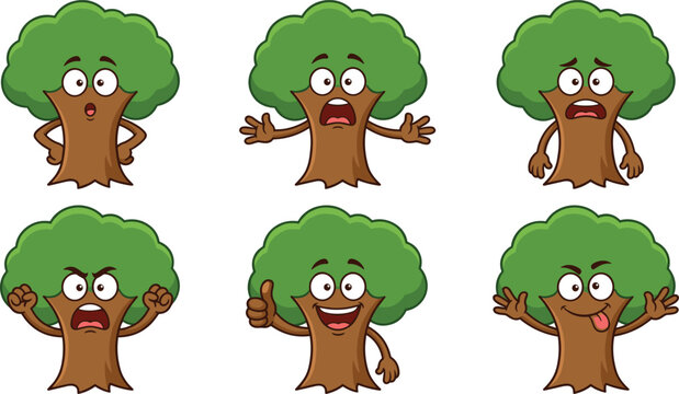 Cute cartoon tree character vector illustration set featuring green plant mascots with funny faces and different emotional expressions isolated on white background.