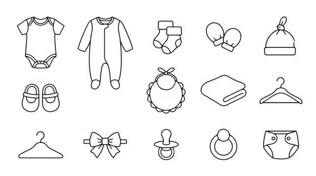 Minimalist baby clothing line icons, newborn apparel and accessories vector set, 14 infant shower elements for nursery shop branding