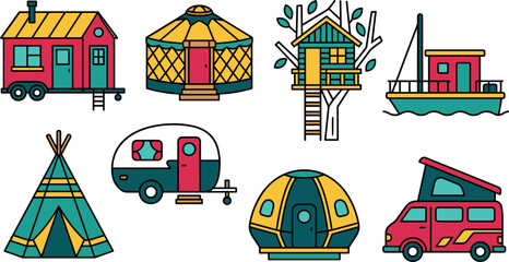 Alternative Housing and Glamping Icon Set Featuring Tiny House Yurt Treehouse Houseboat Teepee Camper Trailer Dome and Campervan Vectors © DarparajDab