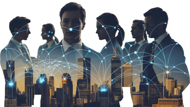 Office workers silhouette with secure digital network matrix over city