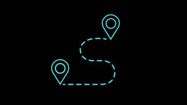 Animated destination, path, and route icon showing map, location pin, and dotted travel line for navigation, journey, and direction.black background.