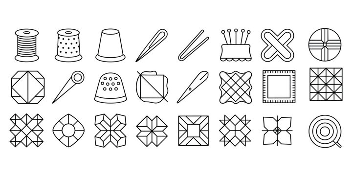 Black and white line of sewing notions and geometric shapes thread spools thimbles scissors  in white background