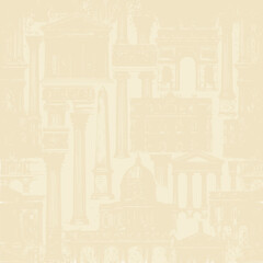 Obraz premium Vintage Architectural Collage: Classical Buildings and Columns on Faded Parchment Background