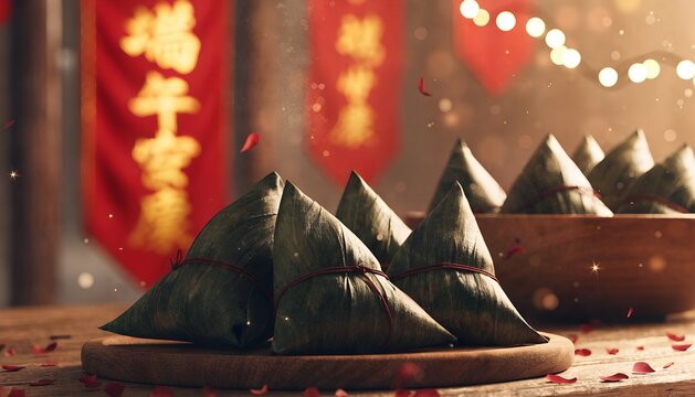Delicious zongzi sticky rice dumplings wrapped in green bamboo leaves for dragon boat festival