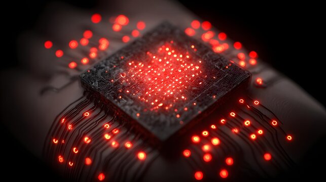 gadget surrounded by glowing digital interface elements in dark technology environment
