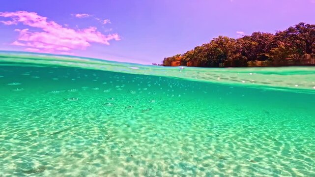 Underwater split view of fish swimming in the Caribbean Sea