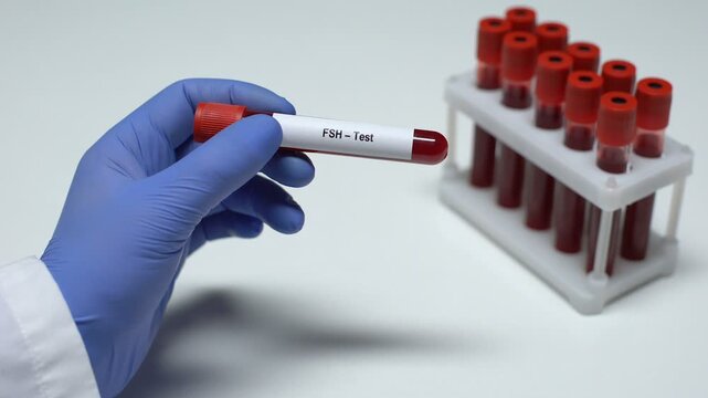 Close-up of a laboratory professional holding a blood sample tube labeled FSH (Follicle-Stimulating Hormone). Concept of inflammation testing, diagnostic pathology, and laboratory medicine.