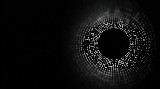 Abstract circular tunnel made of binary code digits on dark background for digital technology and science concepts