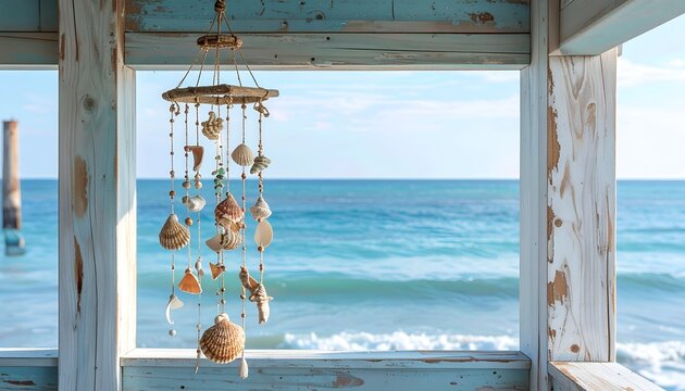 Rustic coastal mobile made of seashells, driftwood, and sea glass, hanging on a weathered wooden porch, soft ocean breeze, photorealistic, detailed craftsmanship
