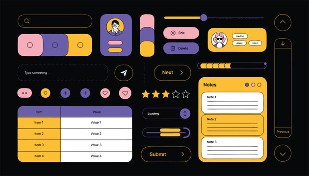 Retro Dark Mode UI UX Kit and Website Elements Vector Set