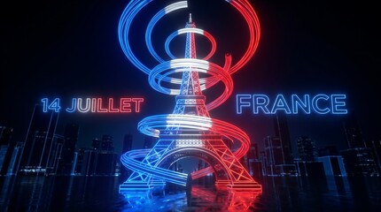 Eiffel tower abstract neon light illustration for bastille day celebration with glowing tricolor ribbons and city skyline background for french national holiday design