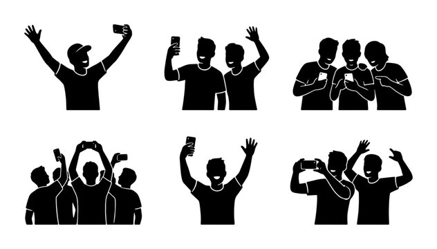 Group Selfie Vector Icons, Friends Taking Photos, Mobile Photography Collection, Social Media Celebration Silhouettes