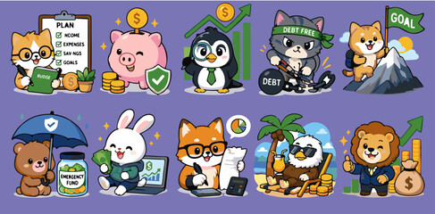 Obraz premium Cute financial literacy animal characters set, kawaii finance management and investment goals vector sticker collection