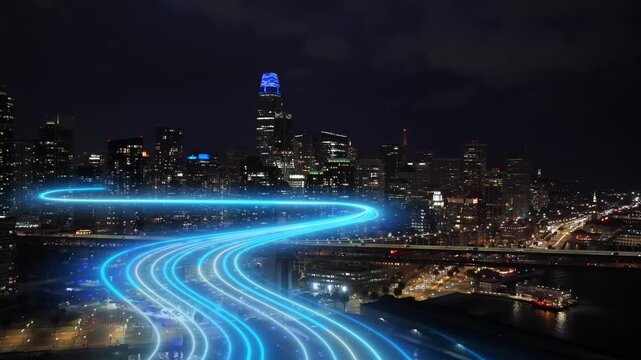 Smart city night skyline with animated blue light stream overlay, futuristic 6G data flow concept, glowing trails over city. Aerial
