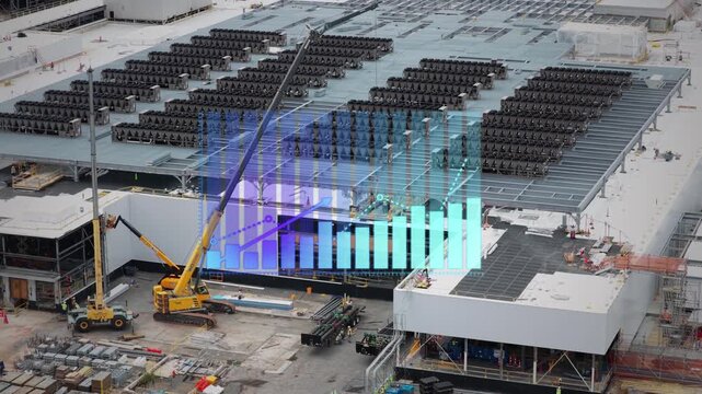 Hyperscale AI infrastructure data center expansion featuring construction progress, compute capacity growth and next-generation digital facilities. 3D graph animation. Aerial