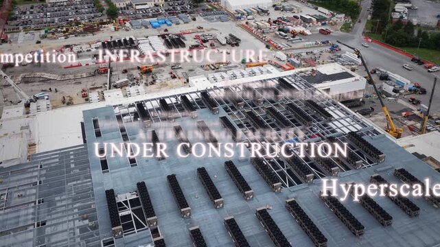 Aerial of a american hyperscale AI training data center under construction with animated flying text graphics highlighting digital infrastructure development