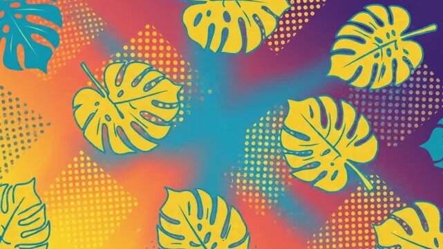 Colorful tropical monstera leaves loop animation on vibrant orange, purple gradient halftones pattern background.