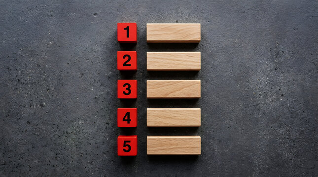 Red numbered blocks and wooden planks arranged in a list on a textured gray surface