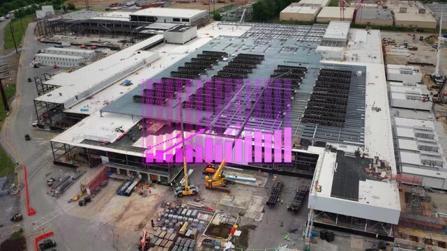 Aerial of Data center under construction with digital progress monitoring, development analytics, construction milestones and infrastructure buildout tracking. 3D graphic animation