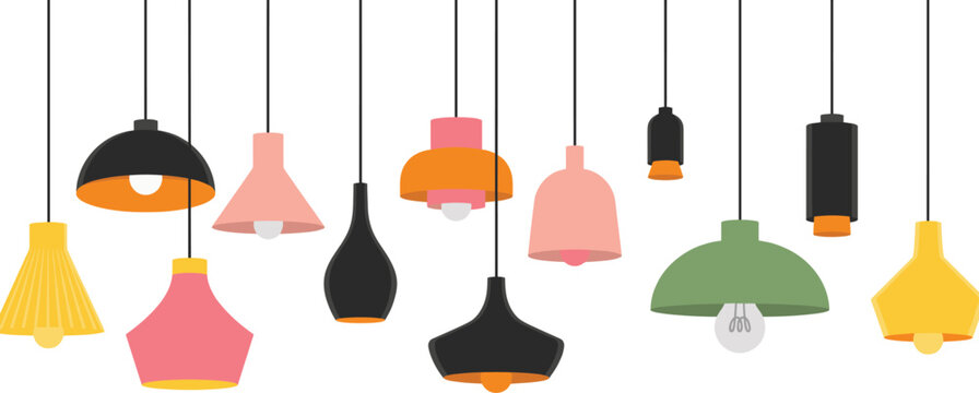 Hanging pendant lamps vector illustration set featuring colorful modern ceiling light fixtures and industrial chandeliers in flat design isolated on a white background.