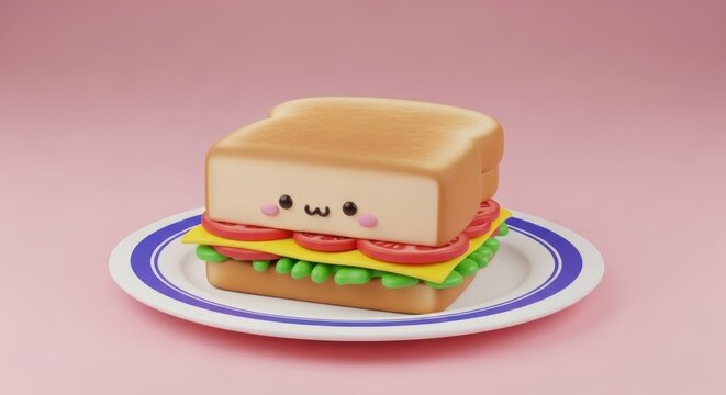 3D cartoon sandwich character with cute face on a plate.