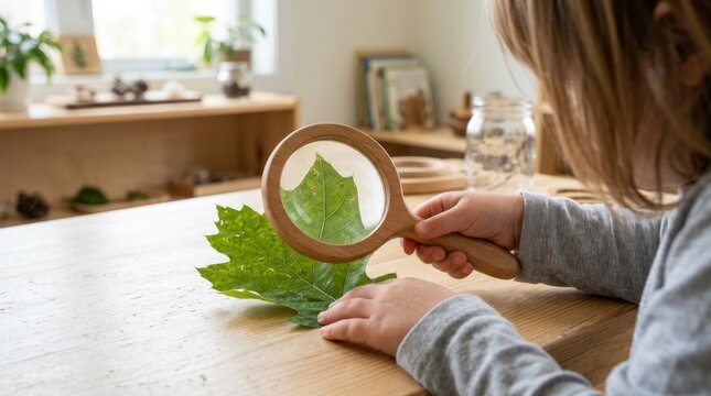 Child Examining Leaf with Magnifying Glass in Kindergarten Classroom