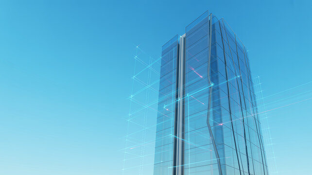 Futuristic skyscraper with big data grid analytics overlay