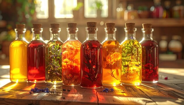 Colorful liquid bottles on wooden table.