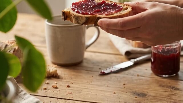 Cozy morning routine lifestyle photography captures hands spreading red jam on rustic bread with knife on wooden table near ceramic cup and green plant creating peaceful atmosphere