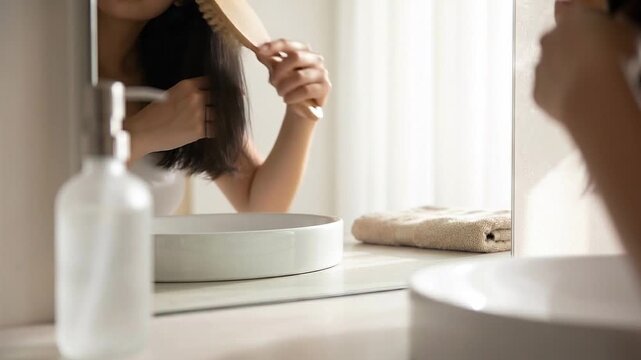 Morning routine lifestyle hairbrush bathroom mirror woman personal care grooming calm moment soft natural light indoor casual clean wellness healthy female close up reflection hygiene self care