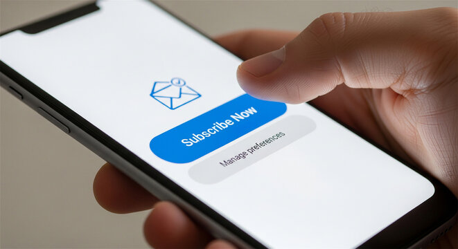Subscribe Now button on smartphone screen, hand holding mobile phone for email newsletter subscription, digital marketing and online membership sign up