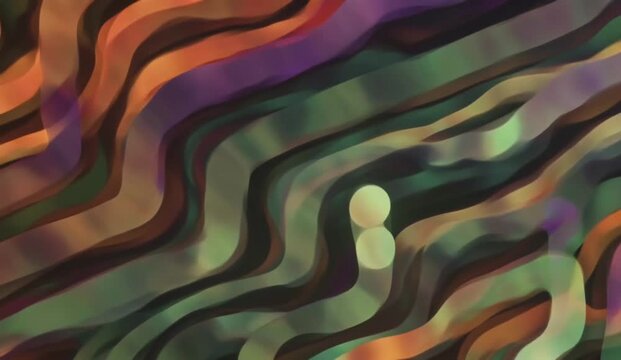 a deep black background in a mesmerizing groovy style. Curved psychedelic ribbons, wavy stripes, and organic geometric forms pulse, twist