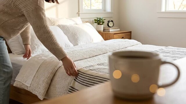 Making bed morning routine lifestyle photography cozy bedroom with warm sunlight soft blanket cup of coffee creating calm peaceful atmosphere for daily comfort and calm start