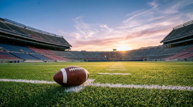 American football on field in stadium at sunset soccer background