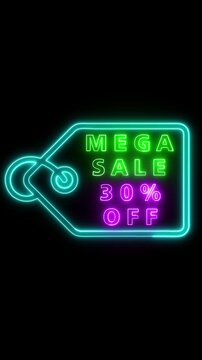Neon sign displays a MEGA SALE 30% OFF on a black background