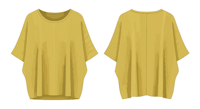 Mustard Yellow Oversized Women Blouse with Batwing Sleeves Front and Back View Fashion Apparel Clothing Illustration