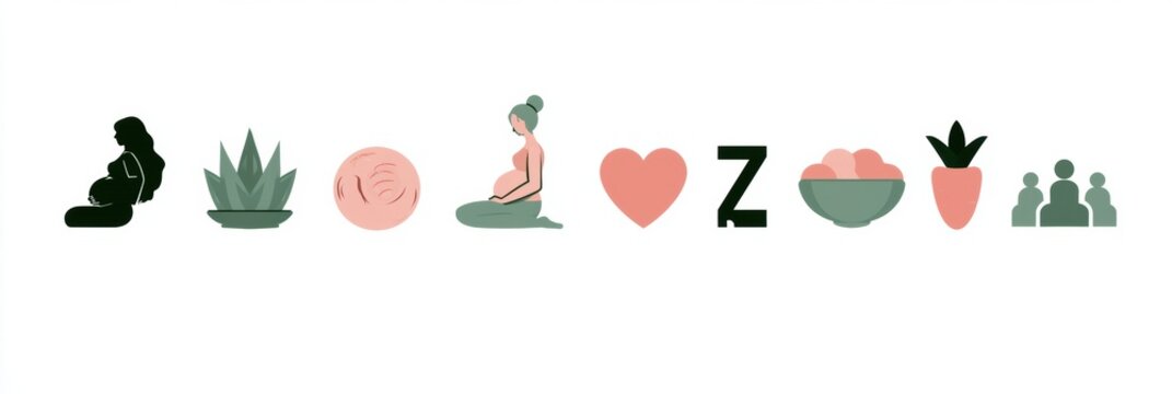 Flat icon set showcases postpartum activities like breastfeeding, exercise, nutrition, and mental health support in a simple design.