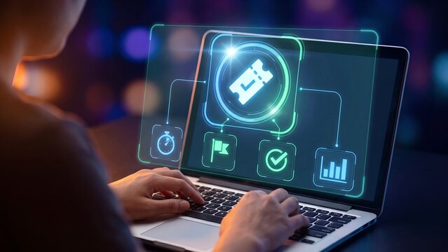 Person Typing on Laptop with Glowing Teal Helpdesk Ticket System Dashboard Showing Timer Flag Checkmark and Analytics Icons Concept