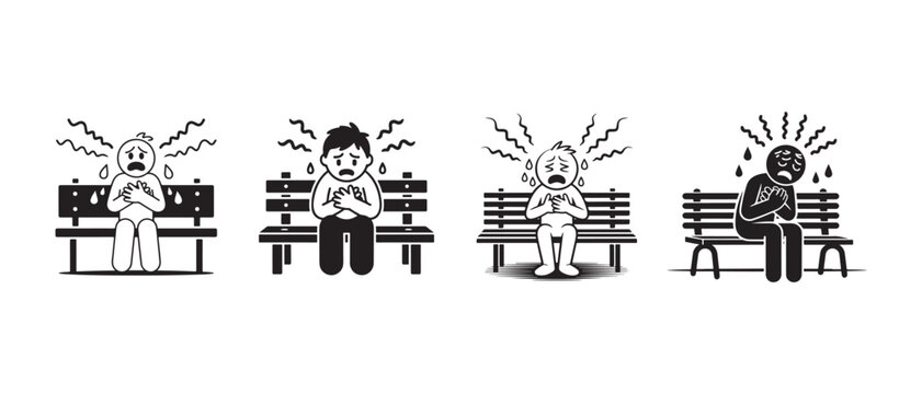 People experiencing panic attacks sitting on park benches in a minimalist black and white vector style.