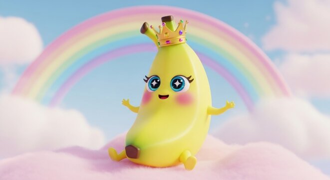 Banana princess character on cloud with rainbow.