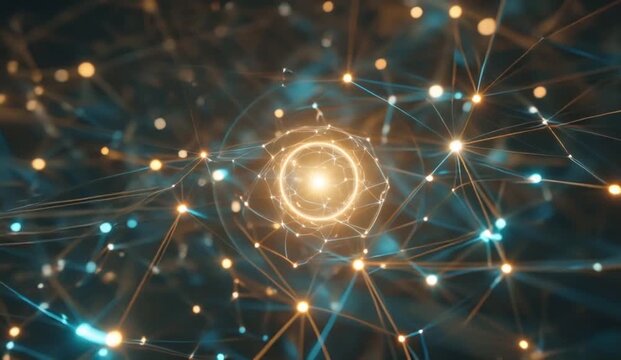 Background featuring a radiant central glowing sphere suspended within a vast futuristic data network