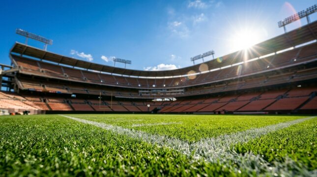 American football stadium with green field and empty seats soccer background