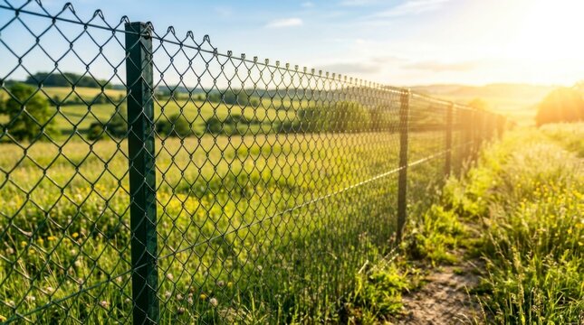 Chain link fence in a green field at sunset soccer background